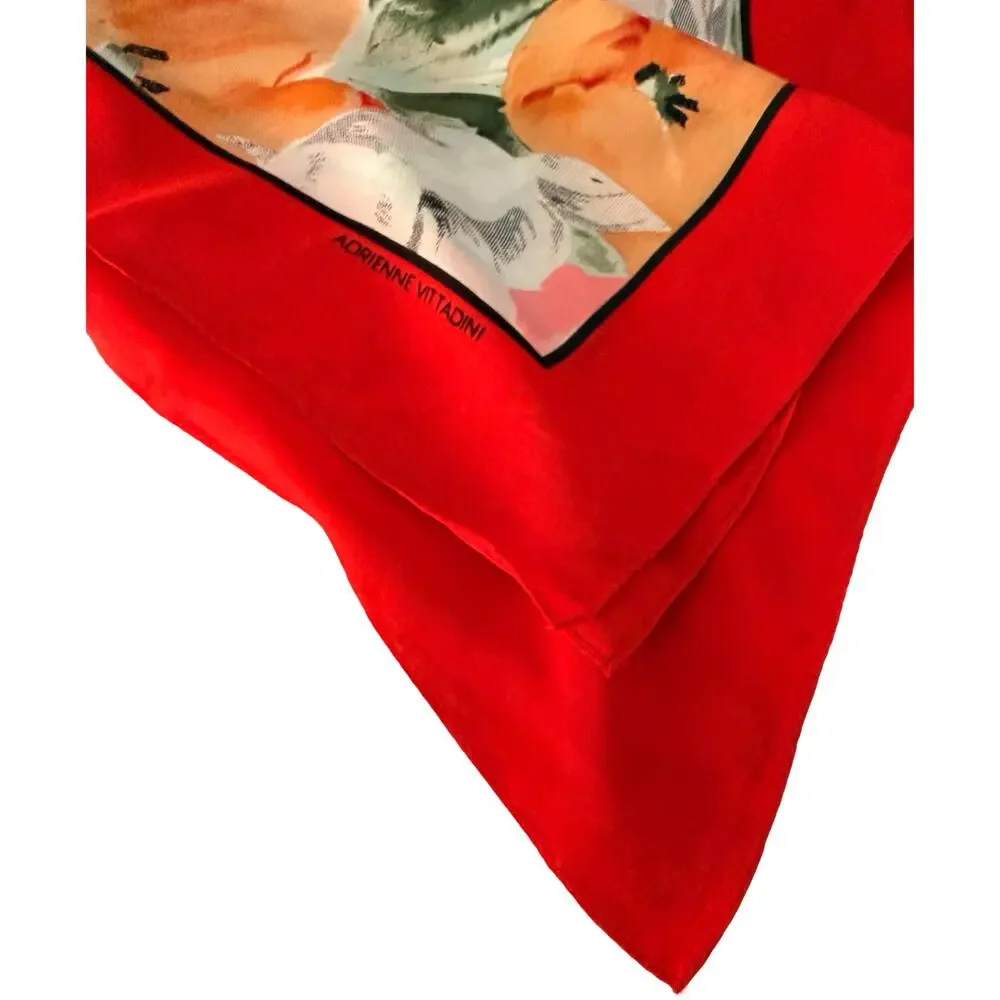 Vintage Adrienne Vittadini Silk Floral Scarf 1990s Red White Sage Square 31x31